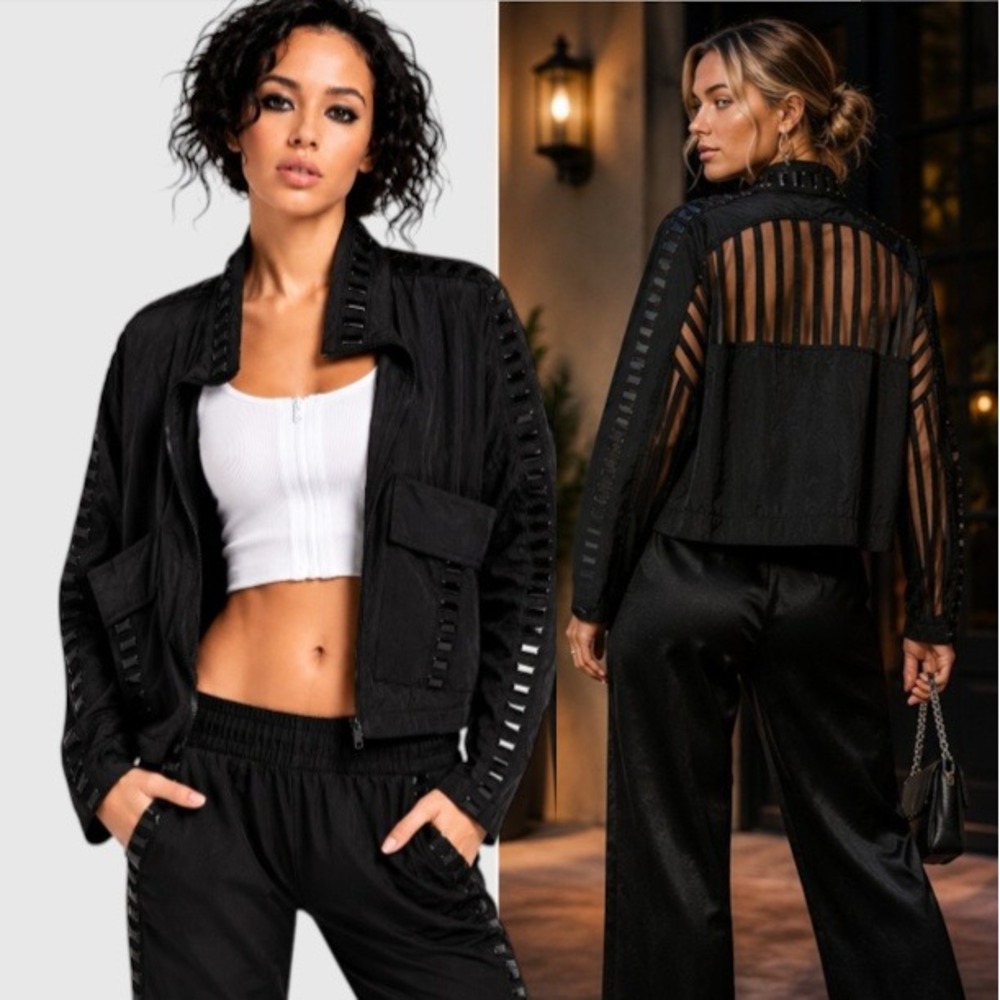 Lime & Vine JK376 Cameron Black Sheer Back Mesh Trim Zip Up Bomber Jacket Small